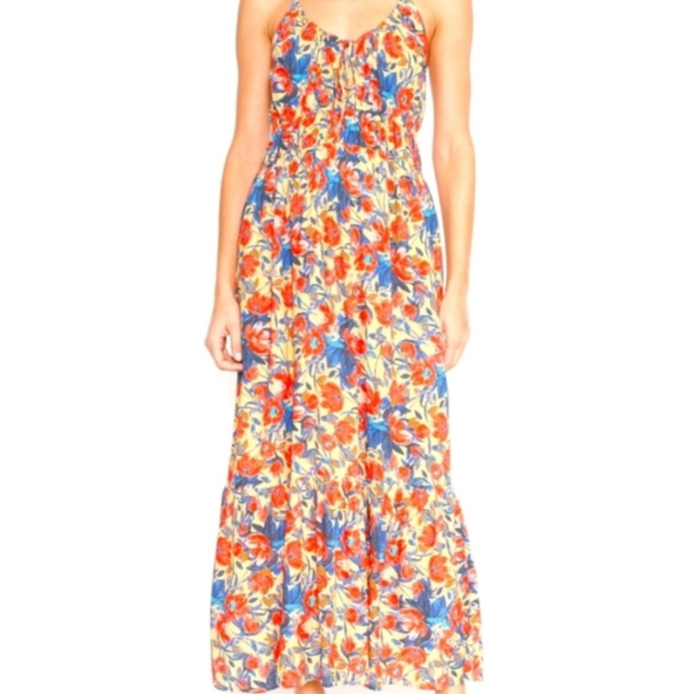 4SI3NNA Marieta Floral Maxi Dress Large Yellow Blue Boho Lace Up Back Sundress